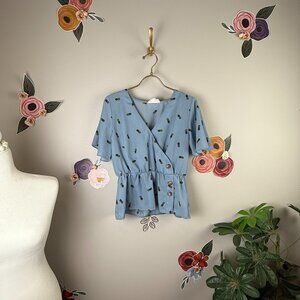 Pink Rose Faux Wrap Short Sleeve Blouse - Size - Small